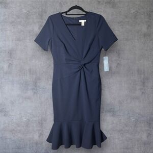 NEW London Times Petites Sheath Dress Womens 6P Blue Knot‎ Front Career Cocktail